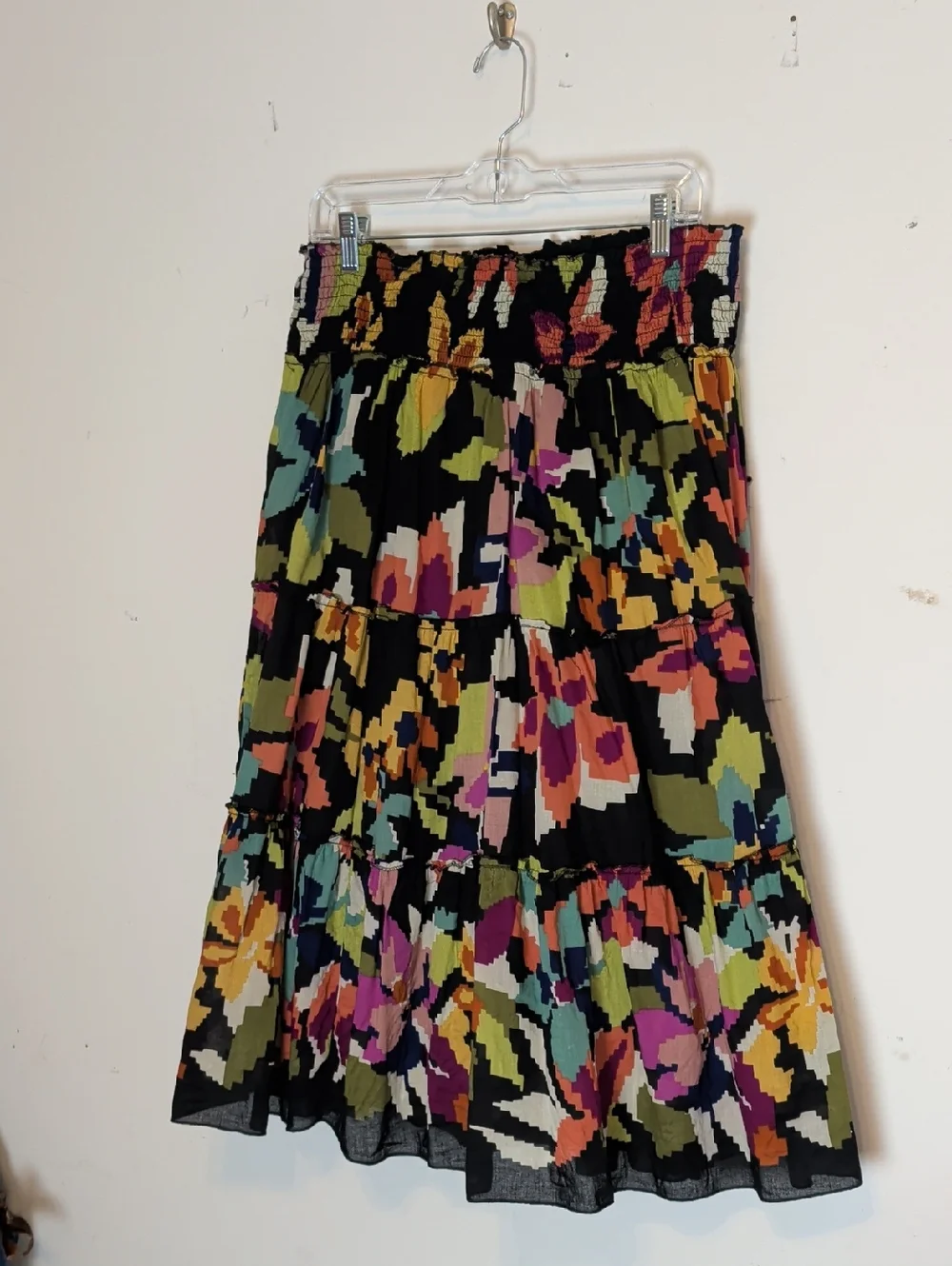 Vintage Boho Tiered Midi Skirt Smocked Waist Abstract Floral Cotton Large